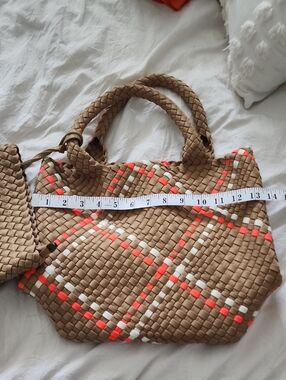 Woven Tan Tote with Neon Coral and White Accent